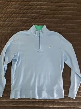 Vineyard Vines Men's Sky Blue Half-Zip with Green Collar Accent